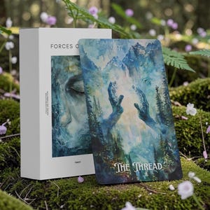 May include: A white rectangular tarot deck box labeled FORCES OF and a single tarot card titled THE THREAD. The card features a blue and green watercolor illustration of two hands reaching toward a glowing light amidst a forest landscape.