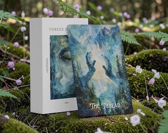May include: A white rectangular tarot deck box labeled FORCES OF and a single tarot card titled THE THREAD. The card features a blue and green watercolor illustration of two hands reaching toward a glowing light amidst a forest landscape.