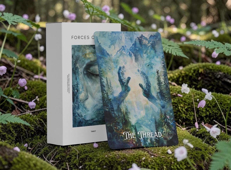 May include: A white rectangular tarot deck box labeled FORCES OF and a single tarot card titled THE THREAD. The card features a blue and green watercolor illustration of two hands reaching toward a glowing light amidst a forest landscape.
