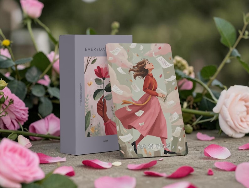 May include: A tarot card deck and box set with the word "EVERYDAY" on the box. The card features a woman in a red dress and a flowing yellow scarf, with the words "KING OF WANDS" at the bottom. The box and cards are surrounded by pink rose petals.