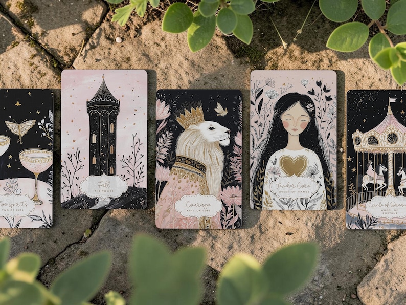 May include: A collection of tarot cards with various illustrations. The cards feature images of a tower, a lion with a crown, a woman with long hair, and a carousel. The color palette includes black, pink, and gold accents.