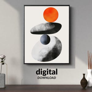 Poster minimalista astratto con equilibrio – Arte murale geometrica moderna con pietre e sole, opera d&#39;arte stampabile ispirata allo Zen