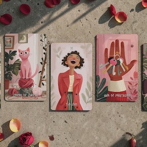 May include: Five tarot cards are displayed, featuring illustrations of figures and scenes. The cards are arranged on a textured surface, surrounded by scattered rose petals. The cards include images of a woman, a cat, a hand holding keys, and other symbolic imagery.