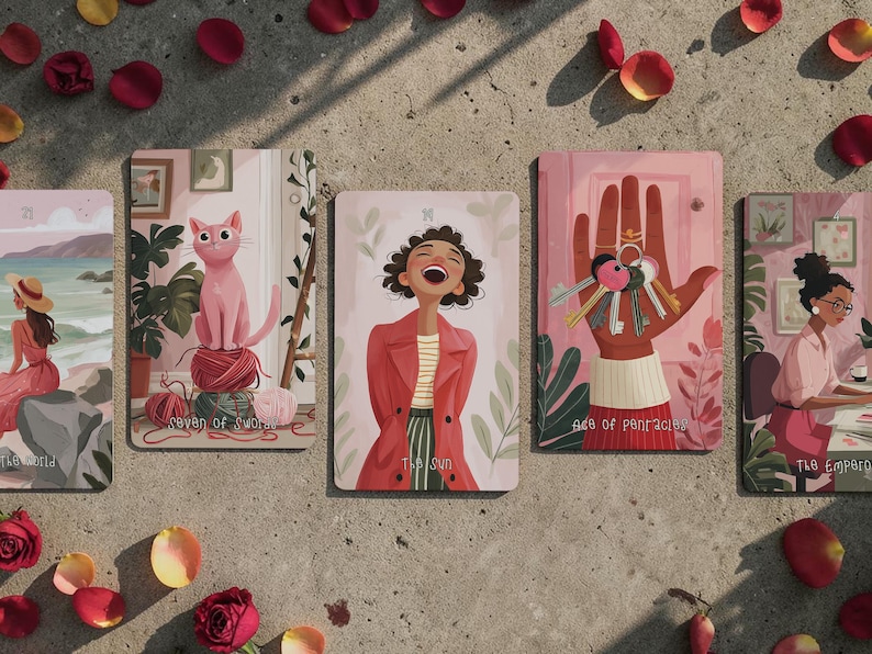 May include: Five tarot cards are displayed, featuring illustrations of figures and scenes. The cards are arranged on a textured surface, surrounded by scattered rose petals. The cards include images of a woman, a cat, a hand holding keys, and other symbolic imagery.