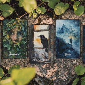 May include: Five rectangular oracle cards arranged horizontally. The cards feature illustrations titled The Mask, Avoidance, The Watcher, Trust, and The Mirror. Each card displays detailed artwork including a face, a raven, and a landscape.