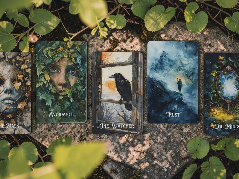 May include: Five rectangular oracle cards arranged horizontally. The cards feature illustrations titled The Mask, Avoidance, The Watcher, Trust, and The Mirror. Each card displays detailed artwork including a face, a raven, and a landscape.