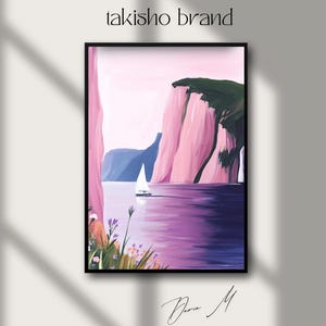 Paisaje costero de acantilados rosados – Arte mural de velero en el mar – Impresión minimalista de naturaleza – Póster con vista serena al océano – Decoración de viajes bohemia