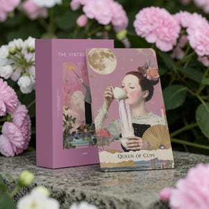 Könnte beinhalten: Ein Tarotkartenspiel und ein Karton-Set mit Vintage-Ästhetik. Die Karte zeigt eine Frau, die aus einer Tasse trinkt, mit einem Mond im Hintergrund. Die Box ist einfarbig rosa mit den Worten "THE VINTAGE" auf der Vorderseite.