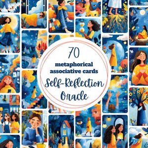 Puede incluir: Un conjunto de 70 cartas asociativas metafóricas, el "Oráculo de Autorreflexión", con ilustraciones en azul y amarillo. Las cartas muestran personas en diversos contextos. El texto está dispuesto en círculo, para la reflexión personal.