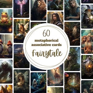 Op de afbeelding: Een verzameling van 60 metaforische associatieve kaarten met een sprookjesthema. De kaarten tonen fantasiekunst met afbeeldingen van mythische wezens, feeën en magische scènes. De tekst "60 metaforische associatieve kaarten Fairytale" staat in het midden.