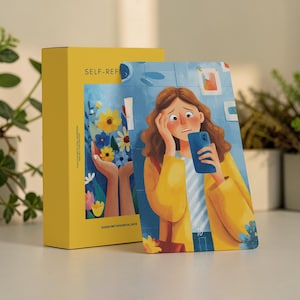 Puede incluir: Un juego de cartas y caja amarillas con el texto "SELF-REF". La carta presenta una ilustración de una mujer sosteniendo un teléfono azul, con aspecto preocupado. La caja tiene una ilustración de manos sosteniendo flores.
