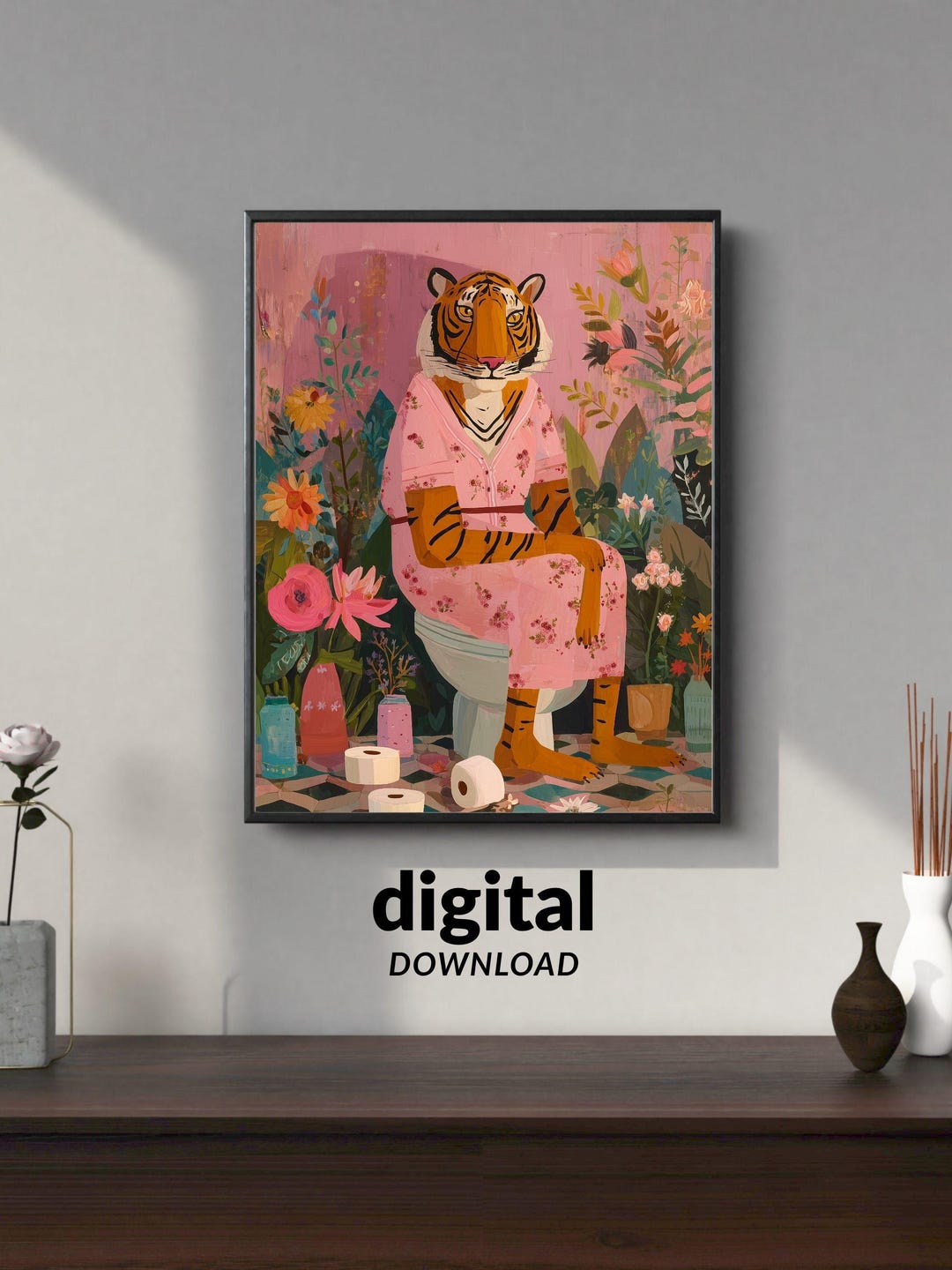 Funny Tiger in Robe Art Print: Whimsical Bathroom Decor (digital ...