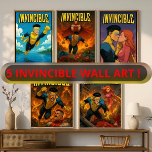 May include: Five Invincible wall art prints featuring the superhero Invincible in different poses. The prints are all in a comic book style and feature bright colours. The text "Invincible" is featured on each print.