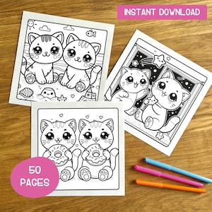 Printable Cat Coloring Book: 50 Kawaii Coloring Pages for Kids, Teens, and Adults – Perfect for Cat Lovers | Instant Download