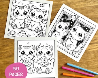 Libro para colorear de gatos imprimible: 50 páginas kawaii para colorear para niños, adolescentes y adultos. Ideal para amantes de los gatos / Descarga instantánea.