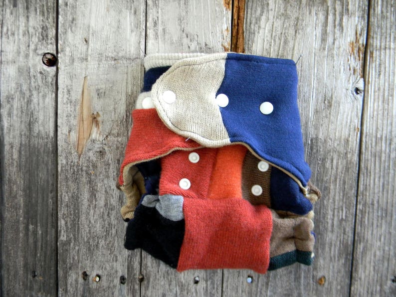 Upcycled Wool Nappy Cover Diaper Wrap Cloth Diaper One Size Fits Most Crazy Patchwork Scrappy With Star Applique BeigeNavy Blue