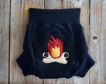 Upcycled 100% Cashmere Diaper Cover Soaker Cover Shorties With Added Doubler Black /Navy Blue With Campfire Applique LARGE 12-24 Months