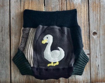 Upcycled Cashmere Diaper Cover Soaker Cover Patchwork With Goose Applique LARGE  (12-24 Months)