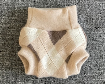 Upcycled Cashmere Soaker Cover Diaper Cover With Three Full Layers Cream Argyle Pattern NEWBORN 0-3 Months