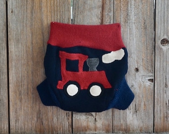 Upcycled Cashmere Soaker Cover Diaper Cover With Added Doubler Navy Blue/ Red With Train Applique NEWBORN 0-3 Months
