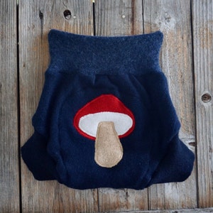 Upcycled Cashmere Soaker Cover Diaper Cover Shorties With Added Doubler Navy Blue With Mushroom Applique LARGE 12-24 Months