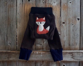 Upcycled 100% Cashmere Longies: Brown Blue Fox Applique Diaper Cover SMALL (3-6 Months)