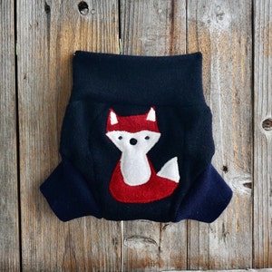 Upcycled 100% Merino Wool/ Cashmere Diaper Cover Soaker Cover With Added Doubler Black/ Navy Blue With Fox Applique SMALL 3-6 Months