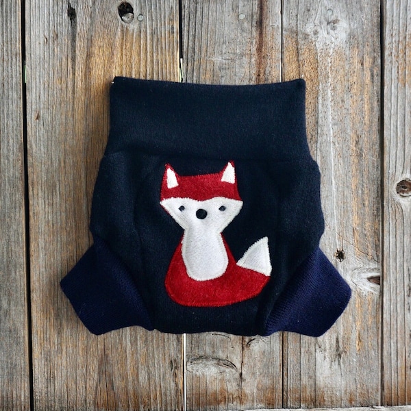 Upcycled 100% Merino Wool/ Cashmere Diaper Cover Soaker Cover With Added Doubler Black/ Navy Blue With Fox Applique SMALL 3-6 Months