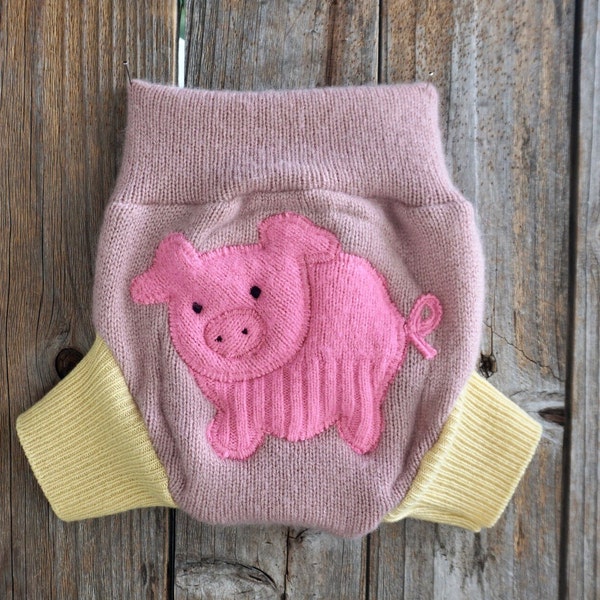 Upcycled 100% Cashmere Soaker Cover Diaper Cover With Added Doubler Light Pink/ Yellow With Pig Applique NEWBORN 0-3 Months