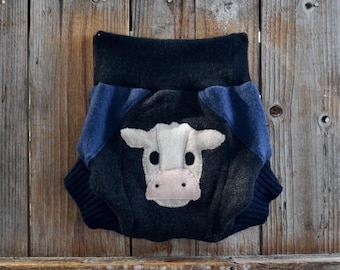 Upcycled Cashmere / Wool Diaper Cover: LARGE ( 12-24 Months) Soaker Cover With Cow Applique