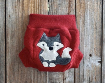 Upcycled Cashmere Soaker Cover Diaper Cover Shorties With Doubler Added Red With Wolf Applique NEWBORN 0-3 Months