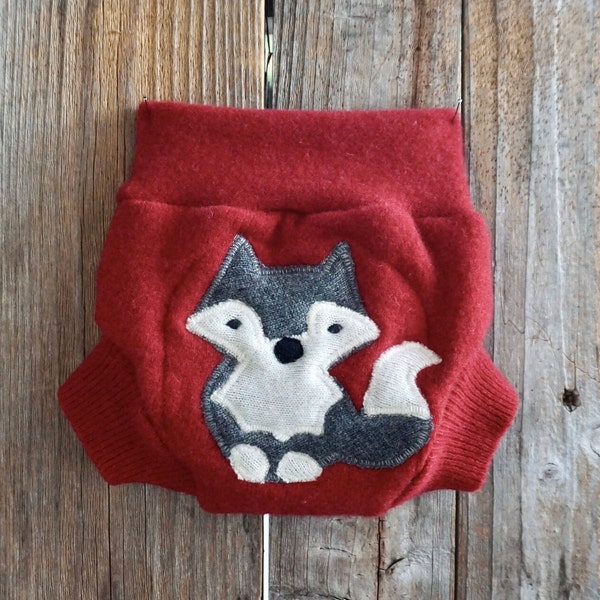 Upcycled Cashmere Soaker Cover Diaper Cover Shorties With Doubler Added Red With Wolf Applique NEWBORN 0-3 Months