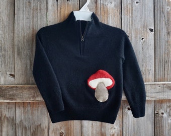 3T- 4T Upcycled 100% Cashmere Lapel Collar Quarter Zipper Sweater Raglan Child Sweater Black With Mushroom Applique