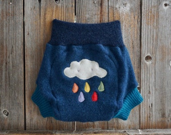 Upcycled Cashmere Soaker Cover Diaper Cover Shorties  With Added Doubler Blue With Cloud Applique LARGE 12-24 Months