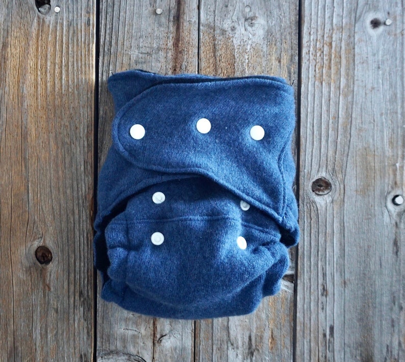 Upcycled Cashmere Nappy Cover Diaper Wool Wrap One Size Fits Most Blue With Mushroom Applique & Added Doubler / Black image 3