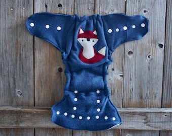 Upcycled Cashmere Nappy Cover Diaper Wool Wrap One Size Fits Most Blue With Mushroom Applique & Added Doubler / Black