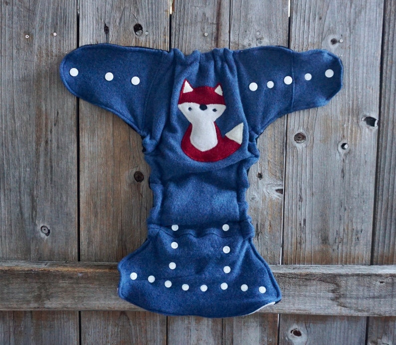 Upcycled Cashmere Nappy Cover Diaper Wool Wrap One Size Fits Most Blue With Mushroom Applique & Added Doubler / Black image 1