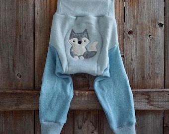 Upcycled Cashmere Longies Soaker Cover: Light Blue Wolf Applique, Knee Pads, LARGE (12-24 Months)