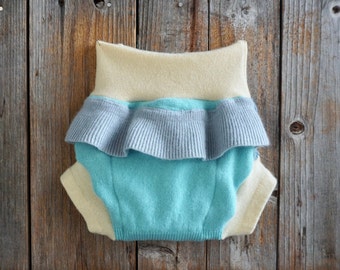 Upcycled Cashmere Soaker Cover Diaper Cover Shorties With Added Doubler Turquoise Blue And Yellow With Ruffles MEDIUM 6-12 Months