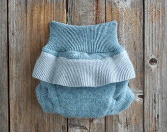 Upcycled Cashmere Soaker Cover Diaper Cover With Added Doubler Light Blue With Ruffle SMALL 3-6 Months