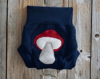 Upcycled Cashmere Soaker Cover Diaper Cover With Added Doubler Navy Blue With Mushroom Applique SMALL 3-6 Months