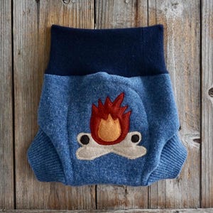 Upcycled Lambswool Diaper Cover: Campfire Applique, 6-12 Months