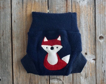 Upcycled 100% Cashmere Diaper Cover Soaker Cover With Added Doubler Navy Blue With Fox Applique SMALL 3-6 Months