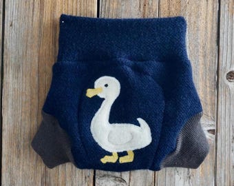 Upcycled Cashmere Diaper Cover: Blue Brown With Goose Applique, SMALL ( 3-6 Months)