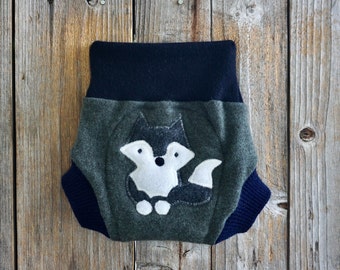 Upcycled Cashmere Diaper Cover Soaker Cover Shorties With Added Doubler Olive Green/ Black/ /Navy Blue With Wolf Applique SMALL 3-6 Months