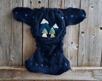 Upcycled Cashmere /Merino Wool Nappy Cover Diaper Cover Wool Wrap One Size Fits Most Navy Blue With Mountains Applique And Extra Doubler