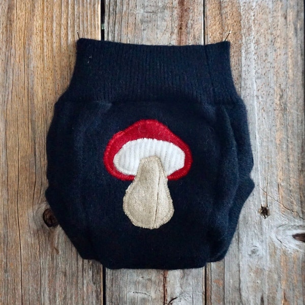 Upcycled Cashmere Soaker Cover Diaper Cover Shorties With Added Doubler Black With Mushroom Applique NEWBORN 0-3 Months