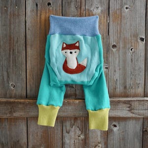 Upcycled 100% Cashmere Longies Soaker Cover Diaper Cover With Added Doubler Teal Blue Yellow With Fox Applique MEDIUM 6-12 Months
