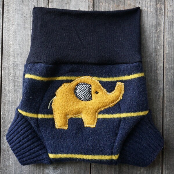 Upcycled Wool Soaker Cover Diaper Cover With Added Doubler Navy Blue Yellow Stripes With Elephant Applique LARGE 12-24 Months