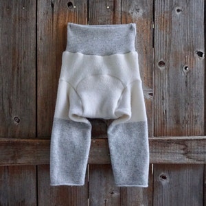 Upcycled Cashmere  Longies Soaker Cover Diaper Cover With Two Added Doubler Creamy White / Light Gray MEDIUM 6-12 Months